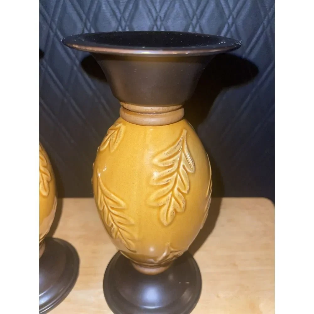 Retired Target Pair of Amber Leaf Embossed Ceramic Candle Holders Pillar Taper